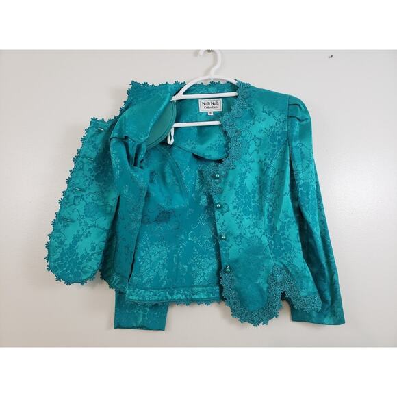 N4) VTG Nah Nah Collection Womens Suit Skirt Set Size 8 Padded Blazer Green USA - Picture 9 of 16